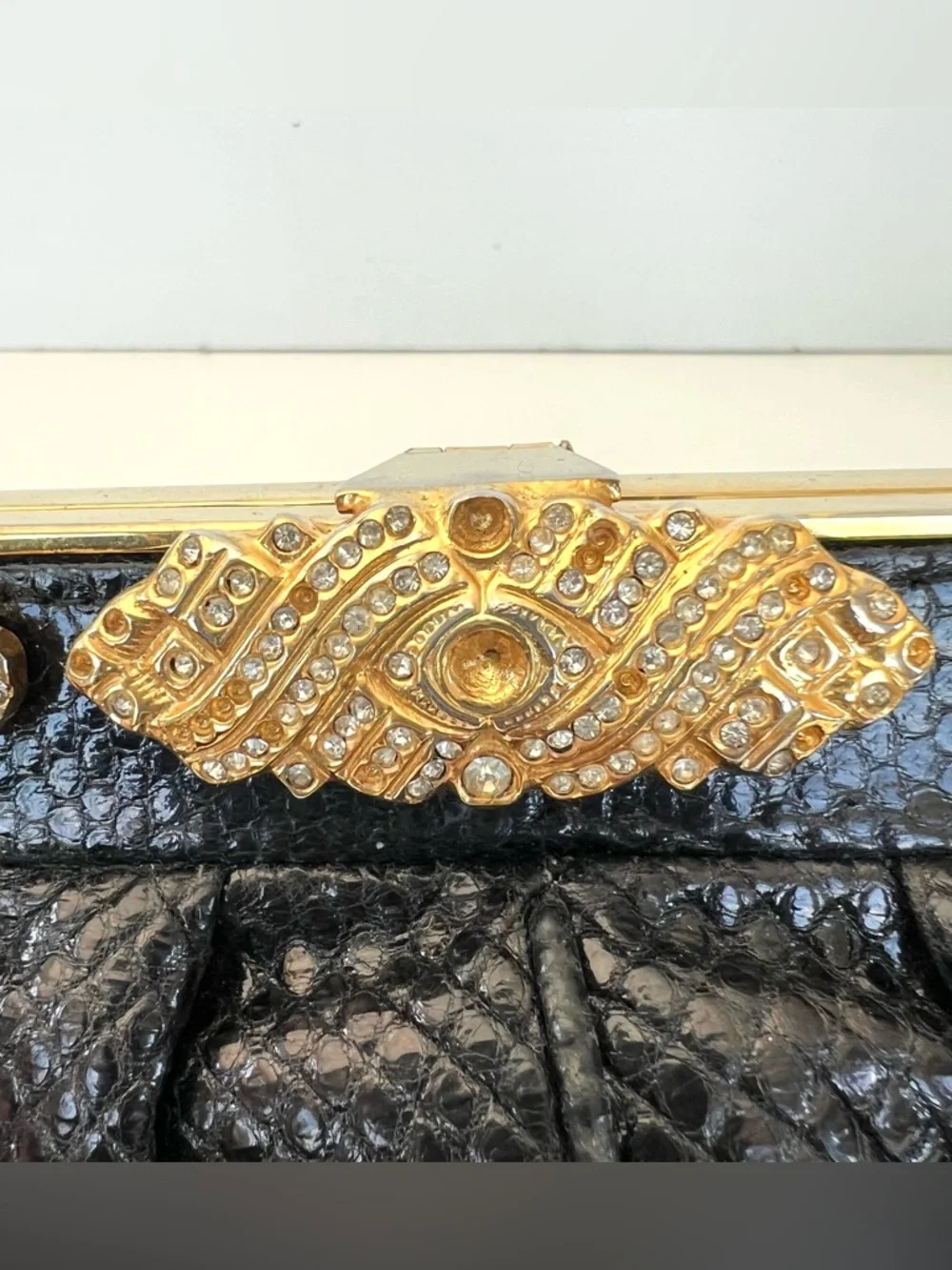 CAROL FIORI Italy Vintage Black Snake Leather Rhinestone Cocktail Evening Purse